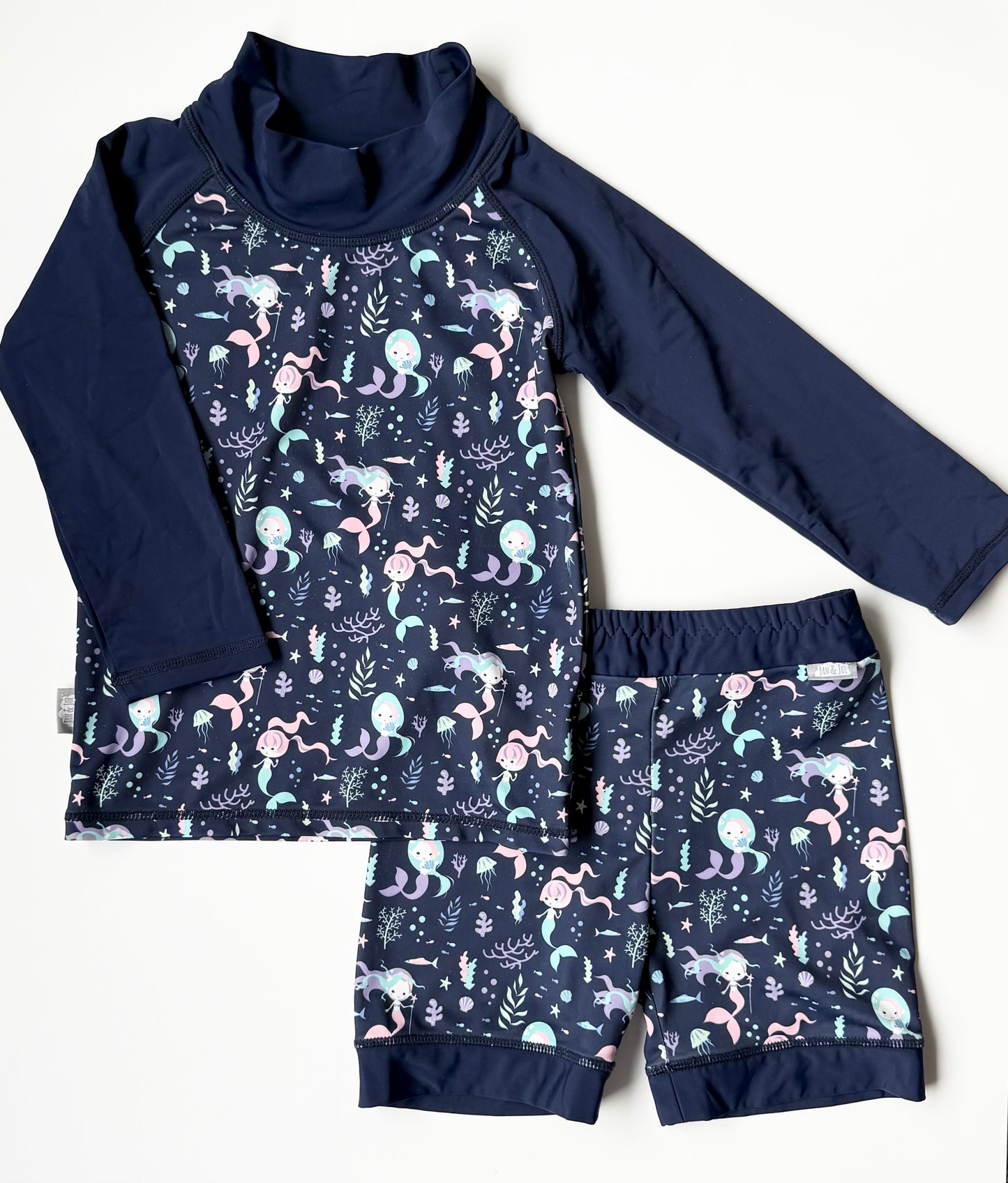 Jan & Jul Dark Blue Mermaid Long Sleeve Swim Top & Shorts Two Piece Swim Set (3-5 Years)