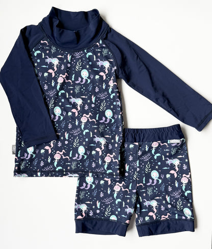 Jan & Jul Dark Blue Mermaid Long Sleeve Swim Top & Shorts Two Piece Swim Set (3-5 Years)