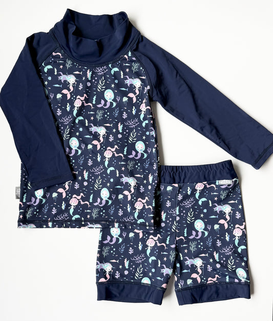 Jan & Jul Dark Blue Mermaid Long Sleeve Swim Top & Shorts Two Piece Swim Set (3-5 Years)