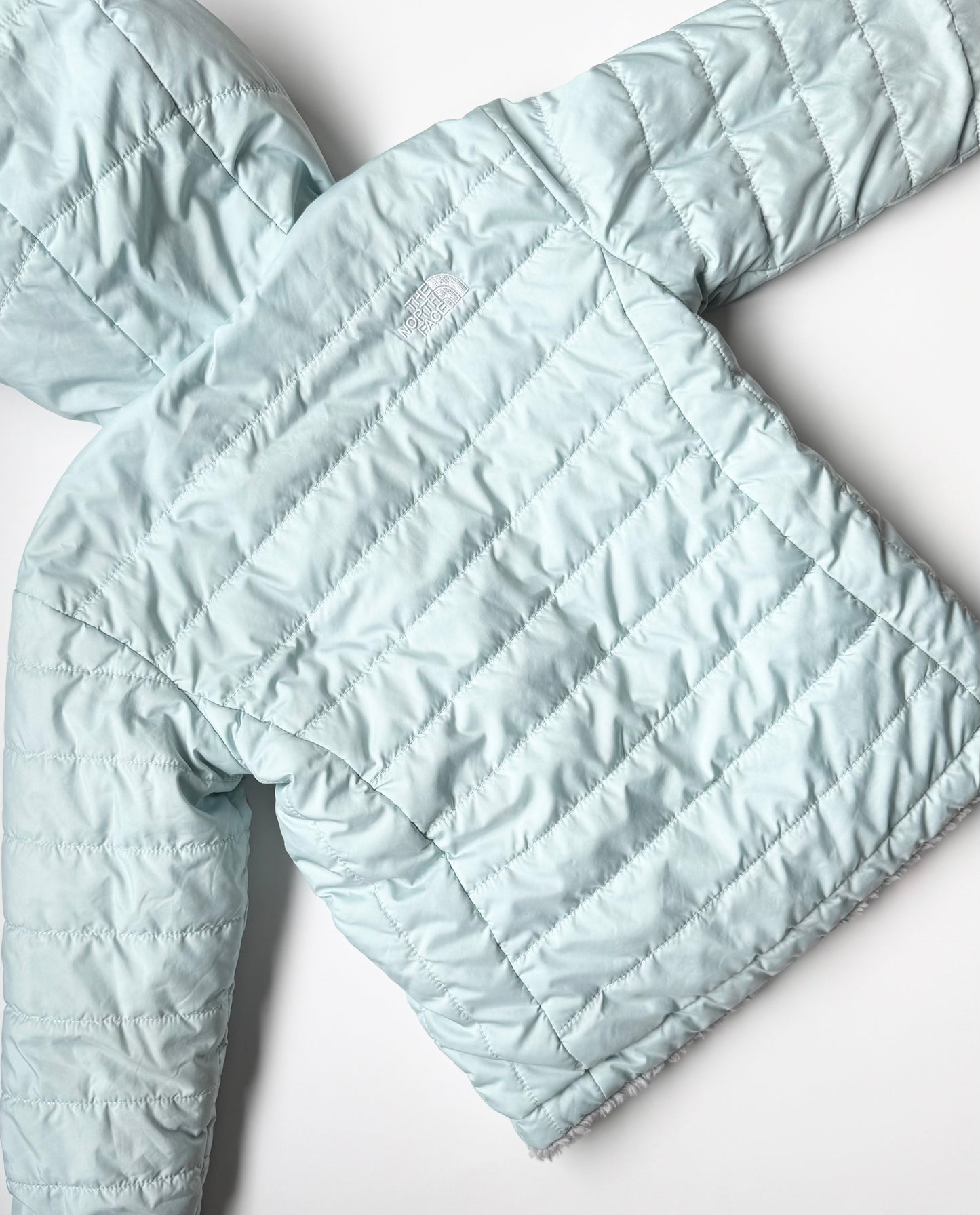 The North Face Mossbud Swirl Light Blue & Grey Fuzzy Reversible Winter Jacket (5T)
