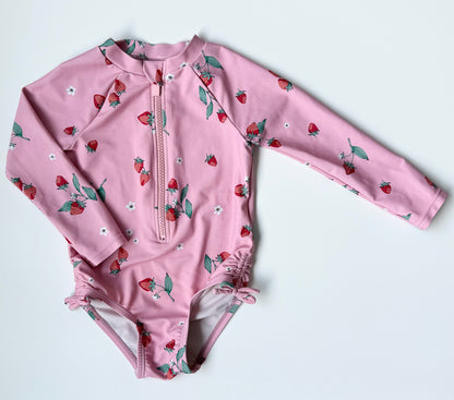 Old Navy Pink Strawberries Long Sleeve One Piece Swimsuit (18-24 Months)