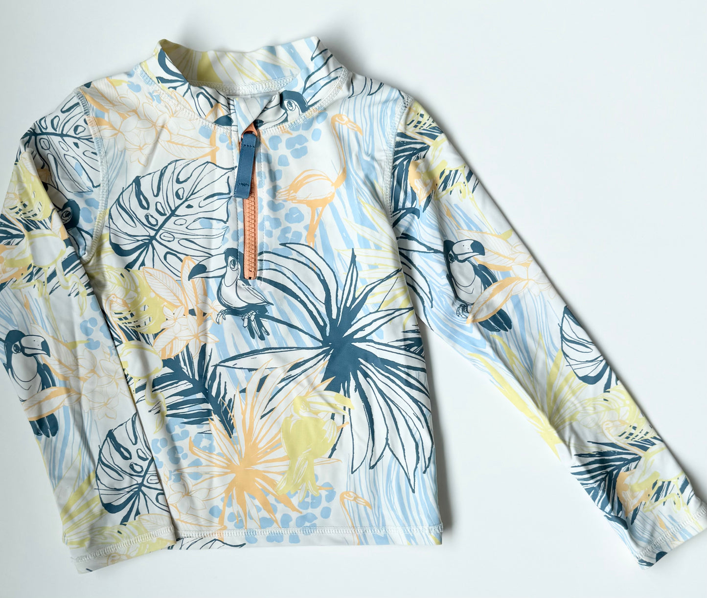 Ruffle Butts Blue & Orange Tropical Long Sleeve Swim Top (5 Years)