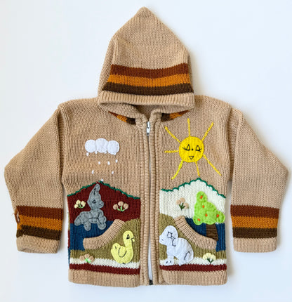 Handmade Brown Outdoor Animals Knit Hooded Zip Up Sweater (18-24 Months)