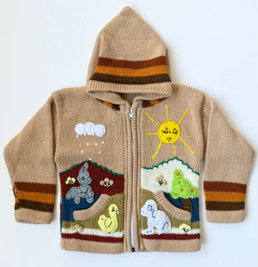 Handmade Brown Outdoor Animals Knit Hooded Zip Up Sweater (18-24 Months)