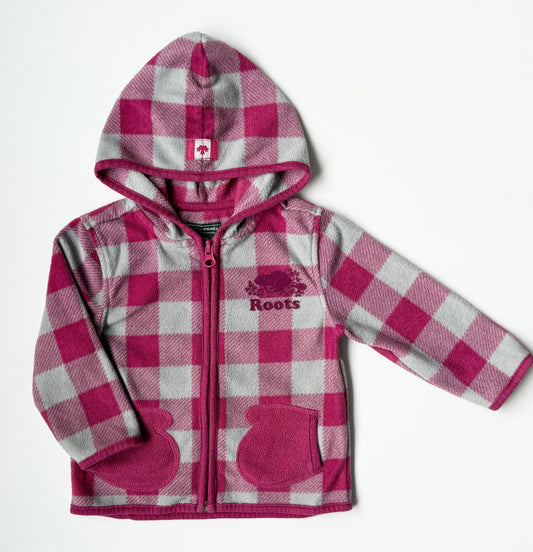 Roots Baby Pink Plaid Hooded Fleece Zip Up - Medium (6-12 Months)