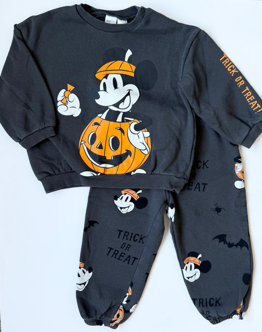 H&M x Disney Grey & Orange Halloween Mickey “Trick or Treat” Sweater & Pants Matching Set (18-24 Months)