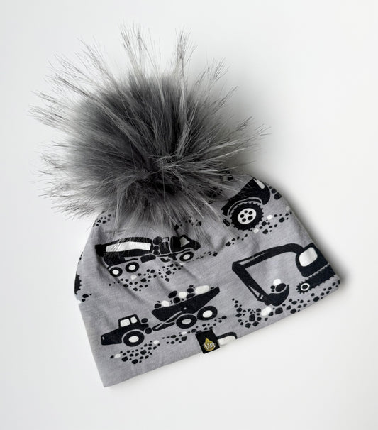 Fil & Miel Grey Construction Trucks Pom Beanie (6-18 Months)