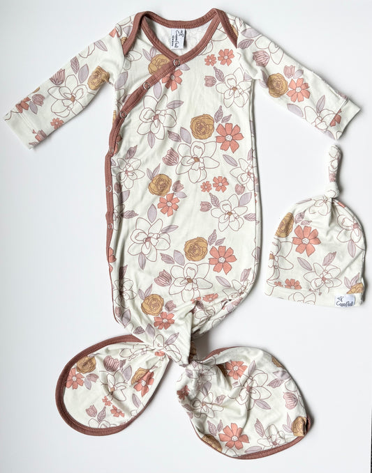 Copper Pearl Ferra Kimono Knotted Gown & Matching Hat (Newborn)