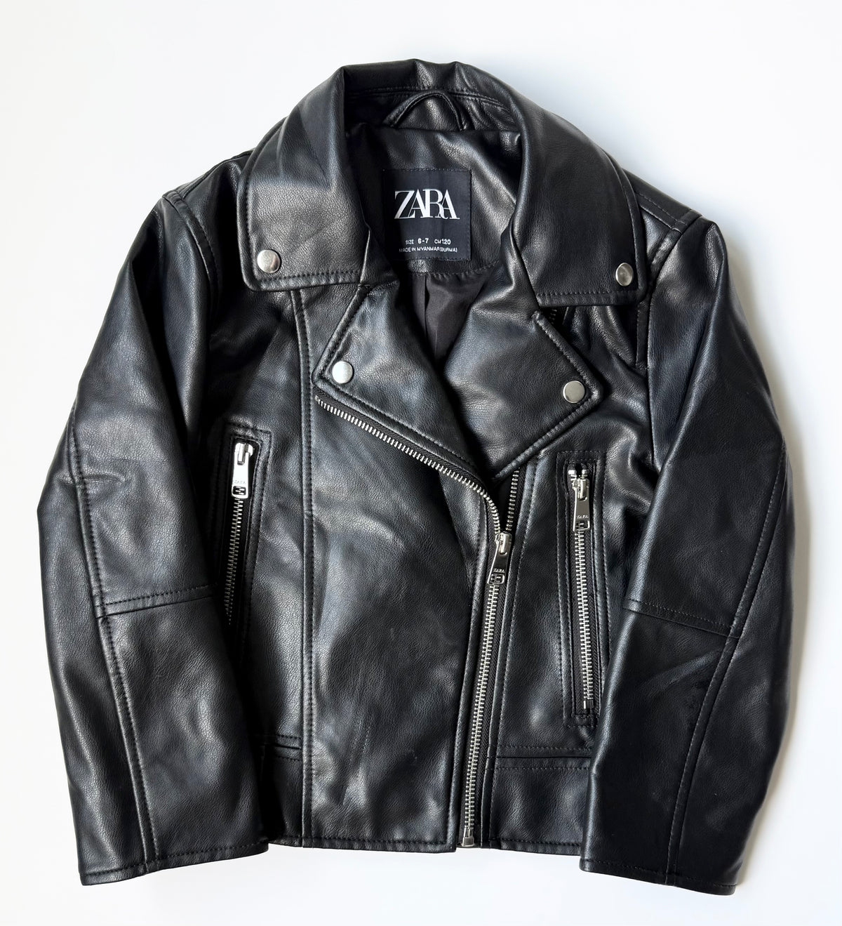 Zara Black Collared Faux Leather Biker Jacket (6-7 Years)
