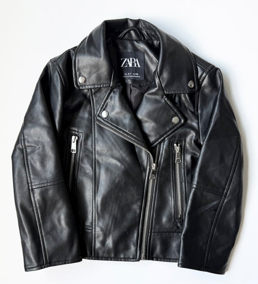 Zara Black Collared Faux Leather Biker Jacket (6-7 Years)