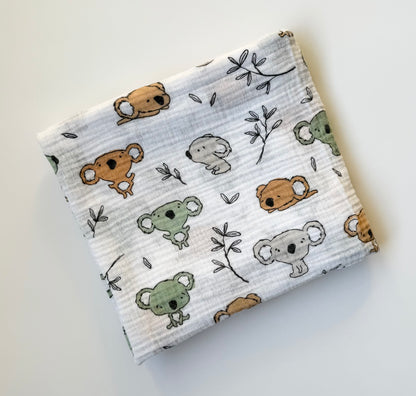 Simons Green & Orange Koalas Muslin Swaddle Blanket