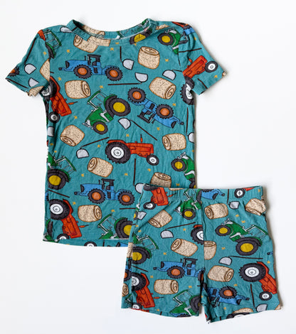 Posh Peanut Blue Farm Tractor Short Sleeve & Shorts PJ Set (3T-4T)