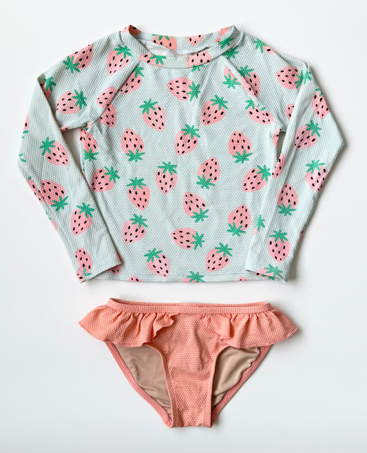 Old Navy Blue Strawberries Pebbled Long Sleeve Two Piece Swimsuit Set (4T)