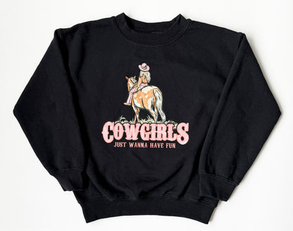 Gildan Black “Cowgirls Just Wanna Have Fun” Crewneck Sweater (6-7 Years)