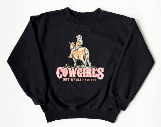 Gildan Black “Cowgirls Just Wanna Have Fun” Crewneck Sweater (6-7 Years)