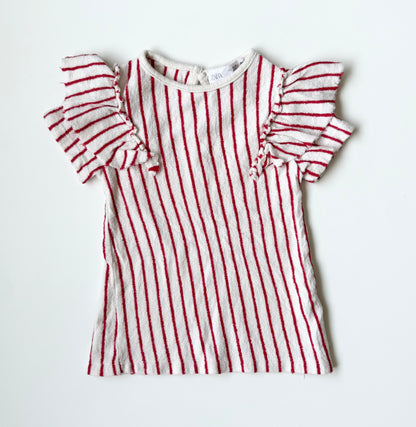 Zara Red & White Stripped Terry Flutter Short Sleeve (12-18 Months)
