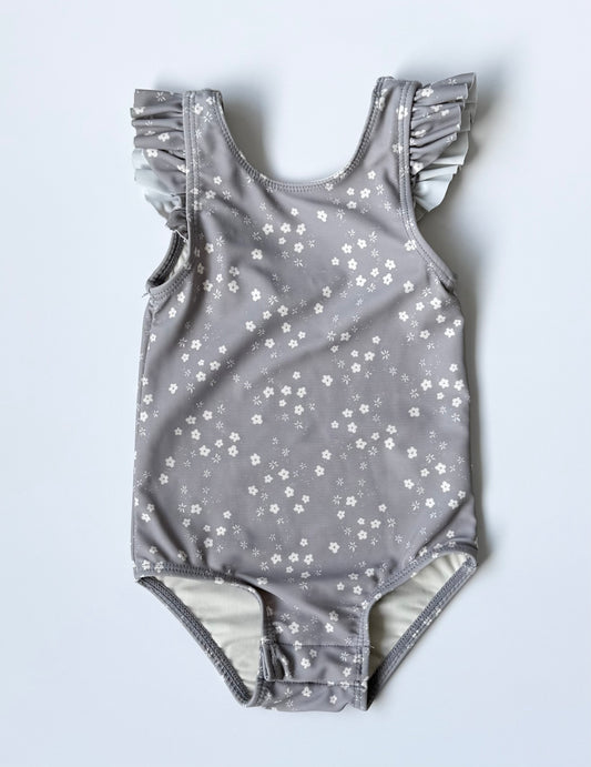 Quincy Mae Light Grey & Dainty White Floral One Piece Swimsuit (3-6 Months)