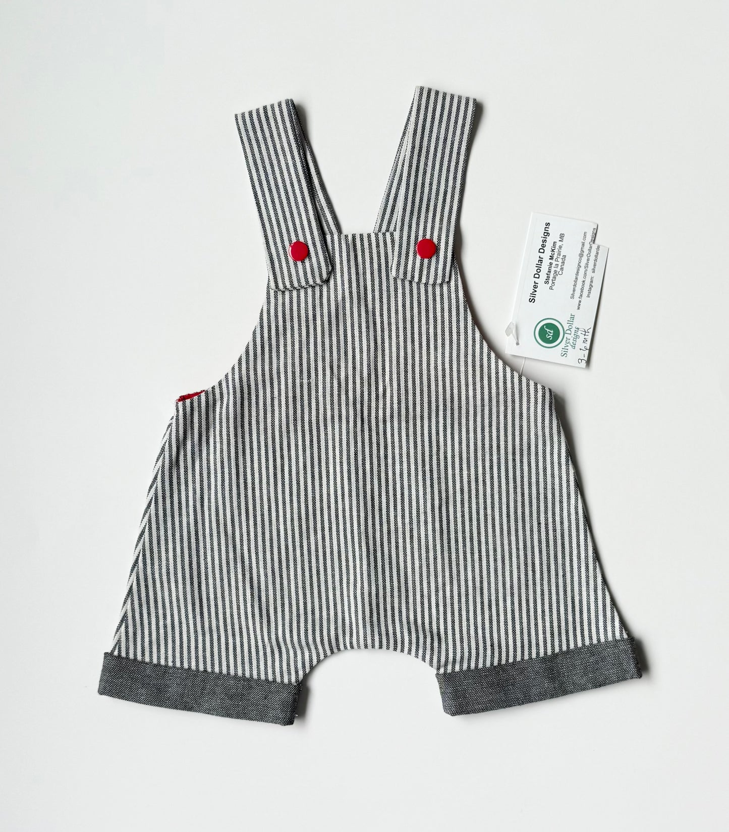 Silver Dollar Designs Dark Grey & White Stripped Shorty Overalls - New (3-6 Months)