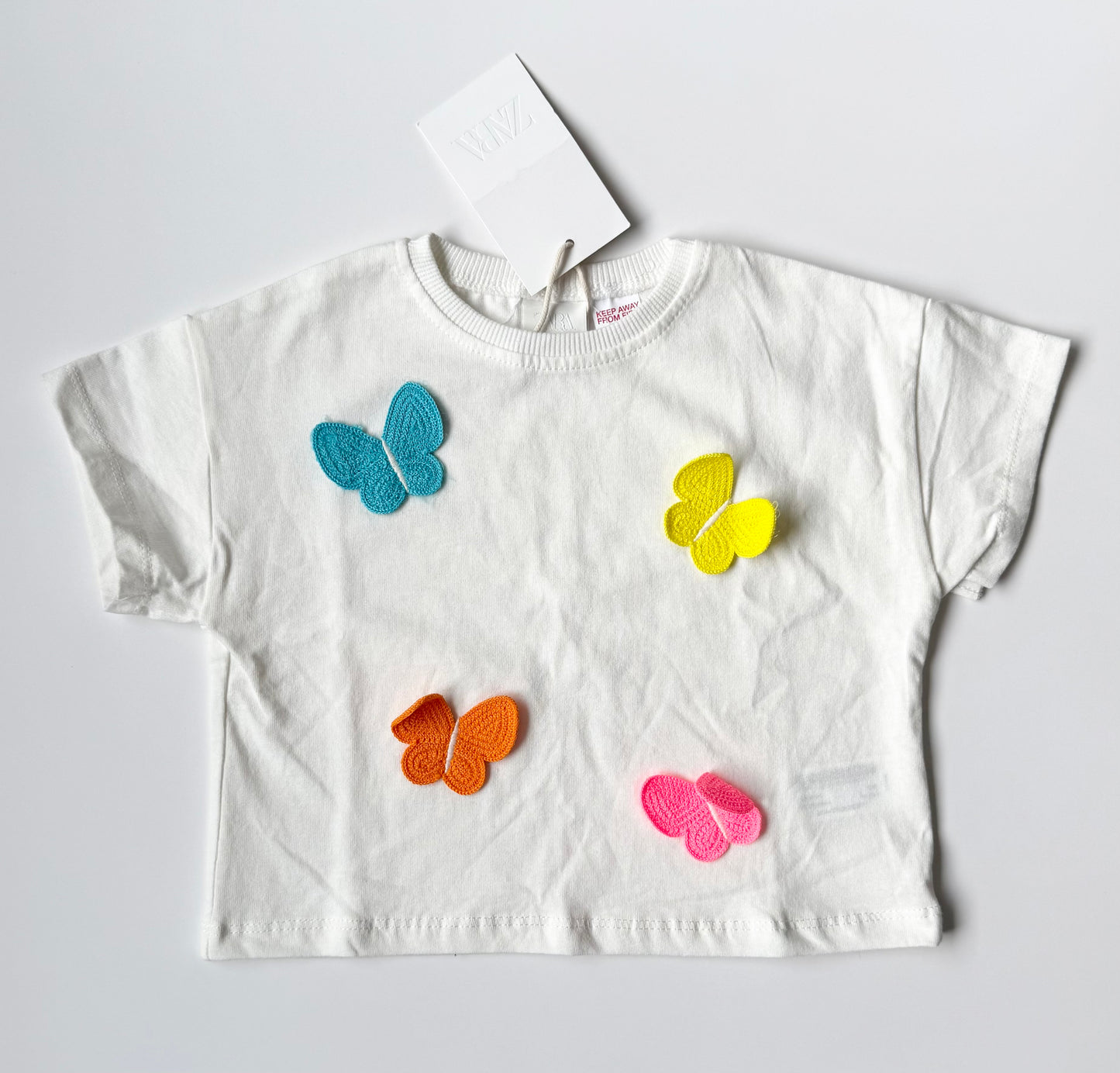Zara White & Crochet Colourful 3D Butterflies T-Shirt - New (3 Years)