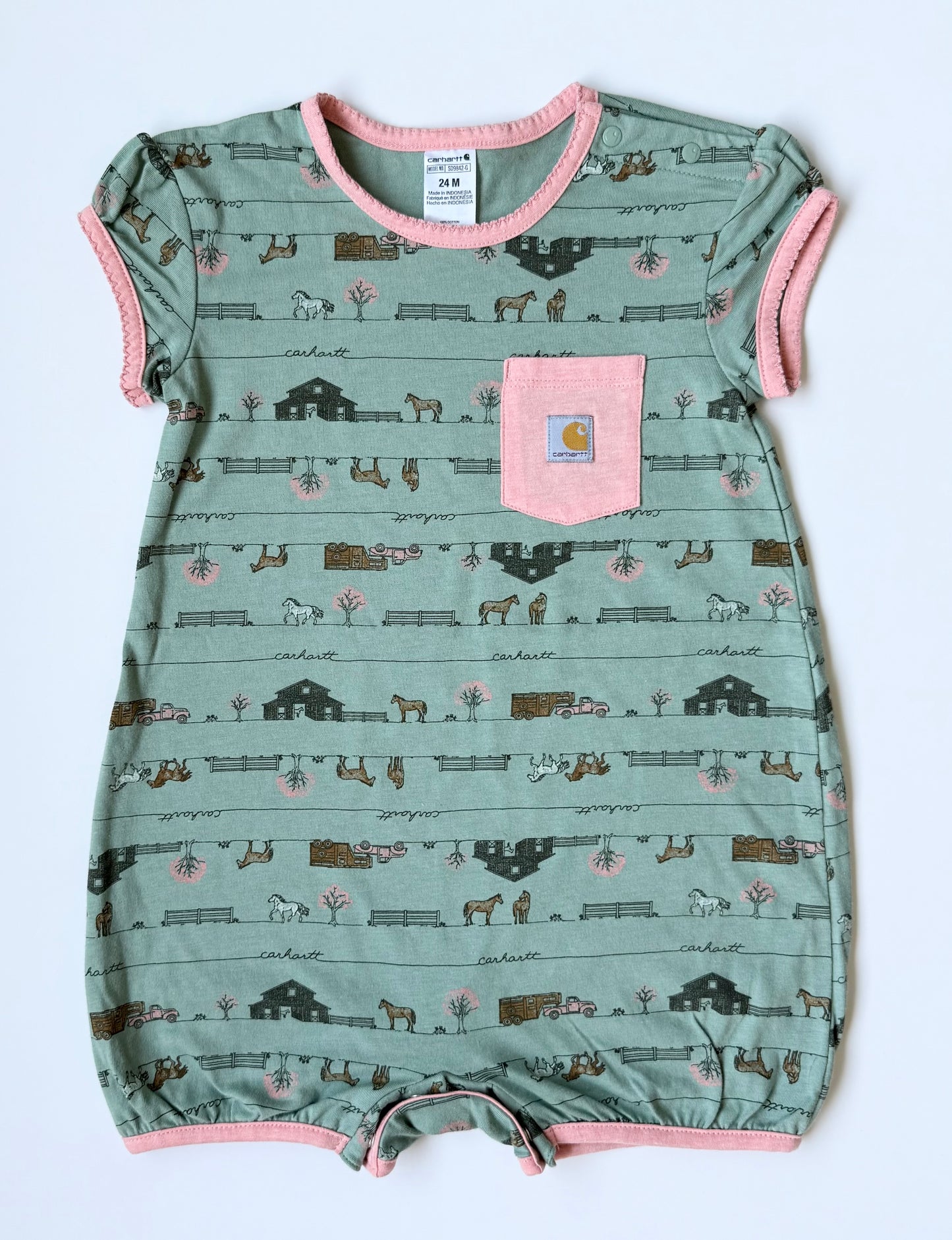 Carhartt Green & Pink Farm Shorty Bubble Romper (24 Months)