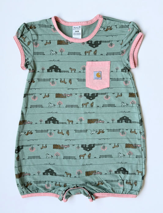 Carhartt Green & Pink Farm Shorty Bubble Romper (24 Months)