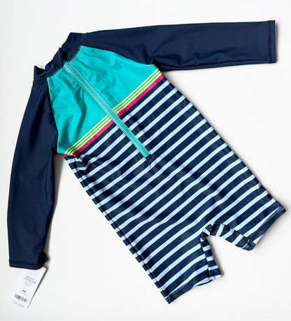 Carters Navy & Color Striped Long Sleeve & Shorts Rashguard One Piece Swimsuit - New (18 Months)