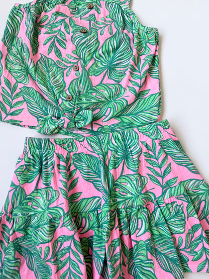 Tommy Bahama Pink & Green Tropical Leaves Knotted Tank & Skirt Matching Set (5-6 Years)