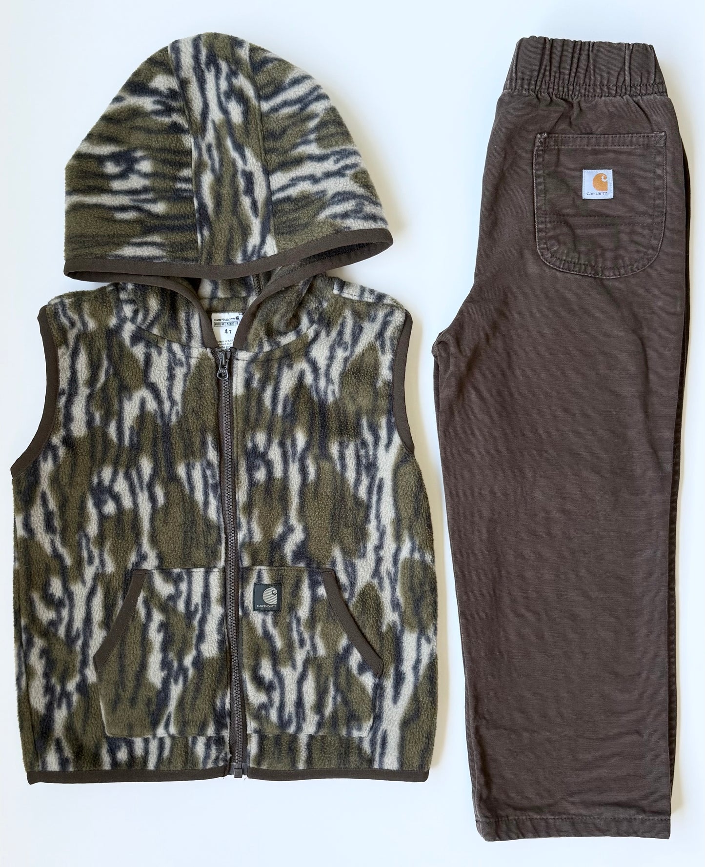 Carhartt Camouflage Fleece Hooded Vest & Matching Brown Pants Set (4T)