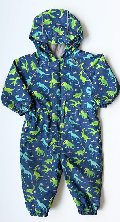 Jan & Jul Cozy-Dry Blue & Green Dinosaurs Fleece Lined Waterproof Rain/Play Suit (1T)