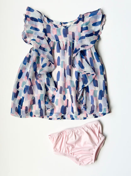Kate Spade New York Blue & Pink Flowy Sleeveless Brush Stroked Dress & Bloomers Set (12 Months)