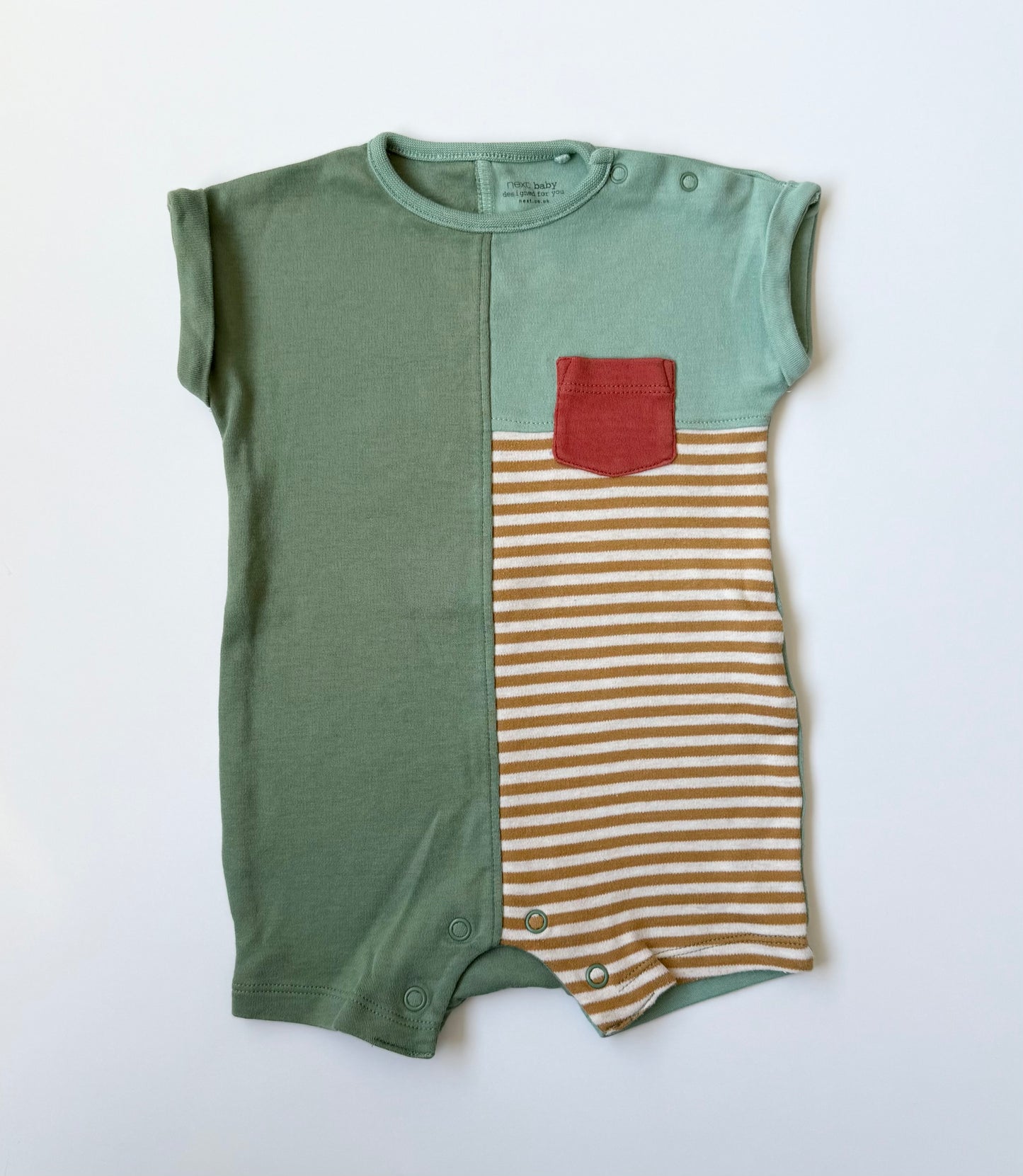 Next Baby Green & Red Chest Pocket With Stripped Panel Romper (3-6 Months)