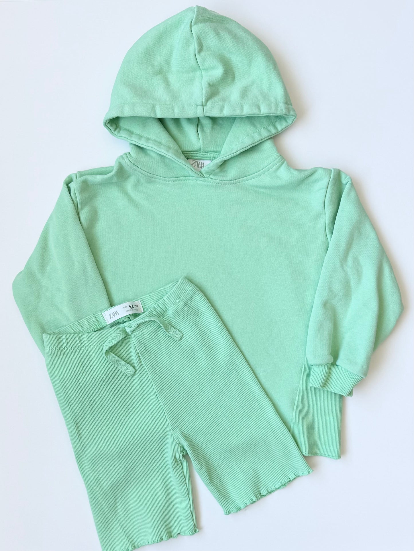 Zara Bright Green Hoodie & Ribbed Biker Shorts Set (4-5 Years)