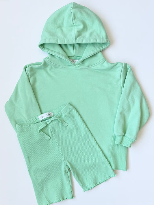 Zara Bright Green Hoodie & Ribbed Biker Shorts Set (4-5 Years)