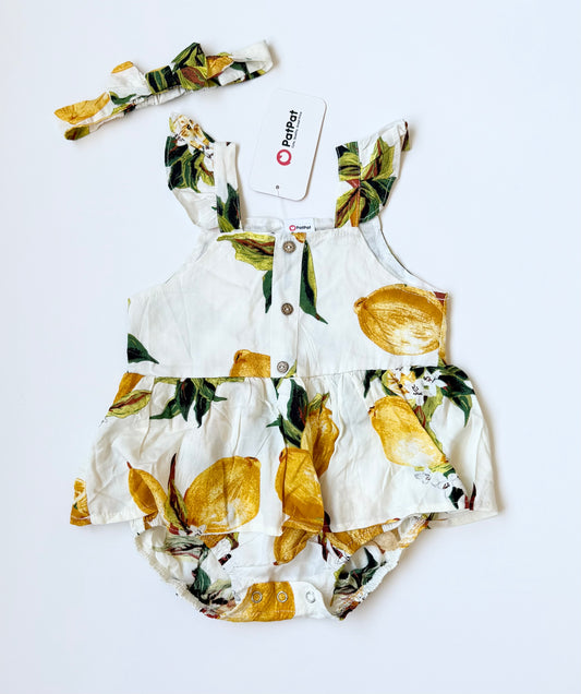 PatPat Yellow Floral Summer Romper & Matching Headband (9-12 Months)