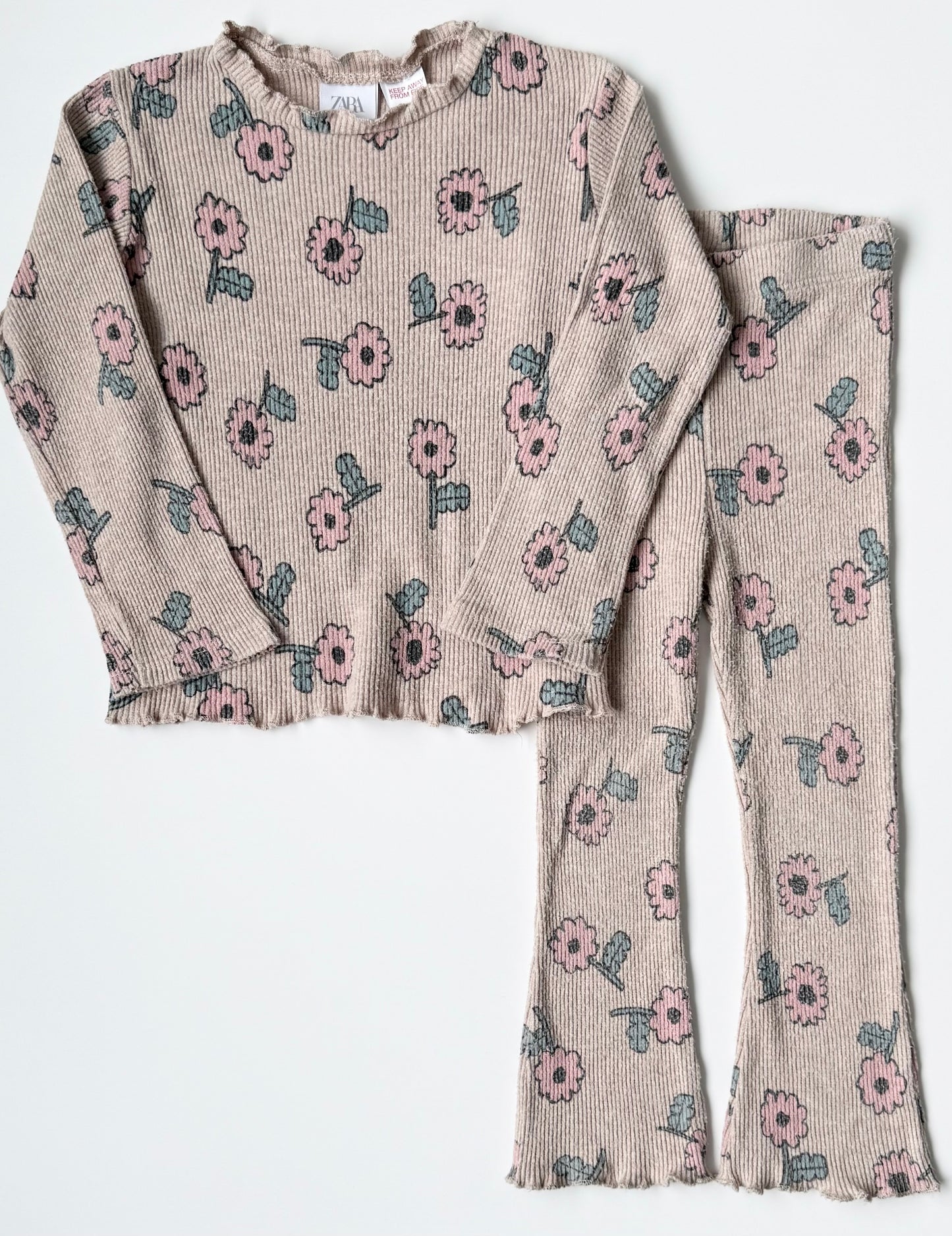 Zara Tan Ribbed Pink Flowers Long Sleeve & Leggings Set (2-3 Years)