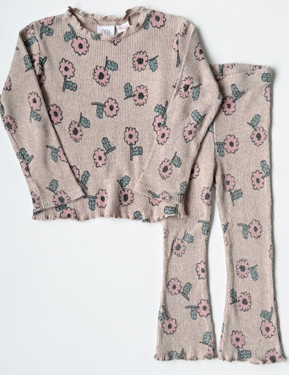 Zara Tan Ribbed Pink Flowers Long Sleeve & Leggings Set (2-3 Years)
