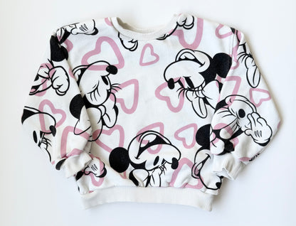 Zara x Disney White & Pink Minnie Mouse Hearts Crewneck Sweater (2-3 Years)