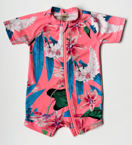 Bonds Pink Tropical Shorty Rashguard One Piece Swimsuit (6-12 Months)