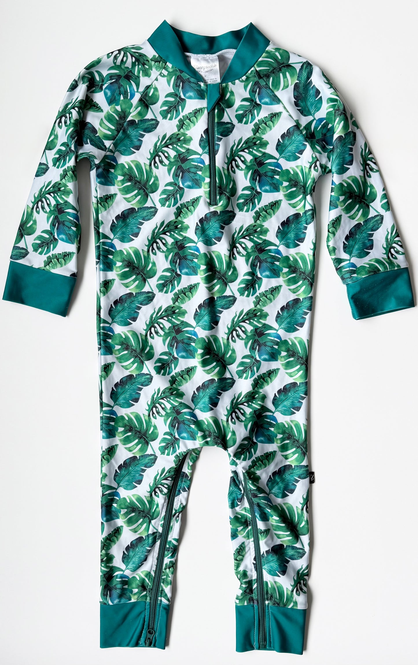 Honeysuckle Swim Green Jungle Leaves Full Coverage Sunsuit (3T)
