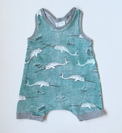 Olive Me Handmade Blue Narwals Shorty Romper (6-12 Months)
