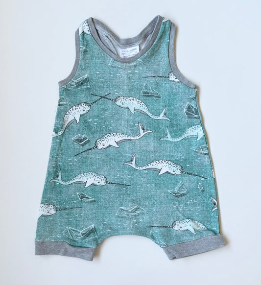 Olive Me Handmade Blue Narwals Shorty Romper (6-12 Months)