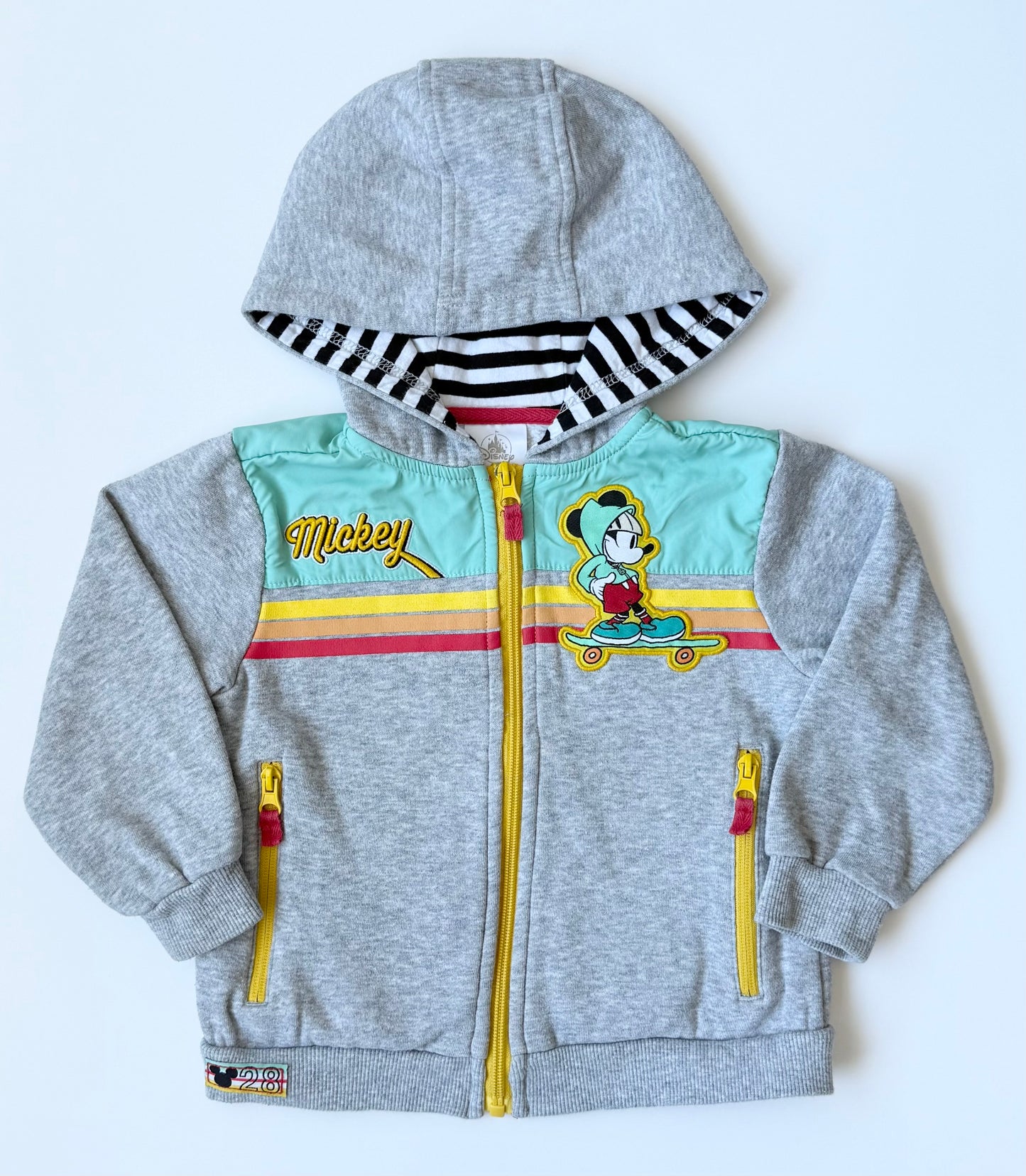 The Disney Store Grey Retro Skateboarding Mickey “Good Vibes Only” Zip Up Hoodie (3T)