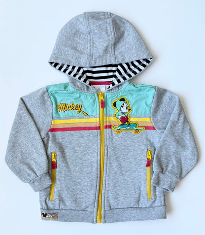 The Disney Store Grey Retro Skateboarding Mickey “Good Vibes Only” Zip Up Hoodie (3T)