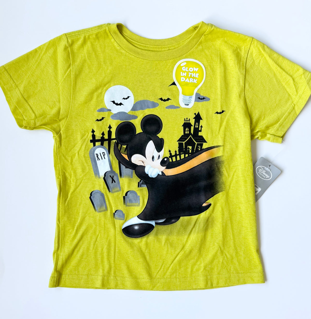 Disney Store Halloween Neon Yellow Glow In The Dark Vampire Mickey T-Shirt (5/6 Years)