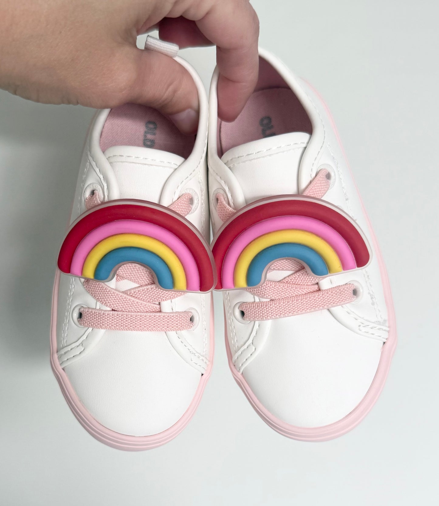 Old Navy White & Light Pink Rainbow Accessory Stretch Lace Sneakers (6)
