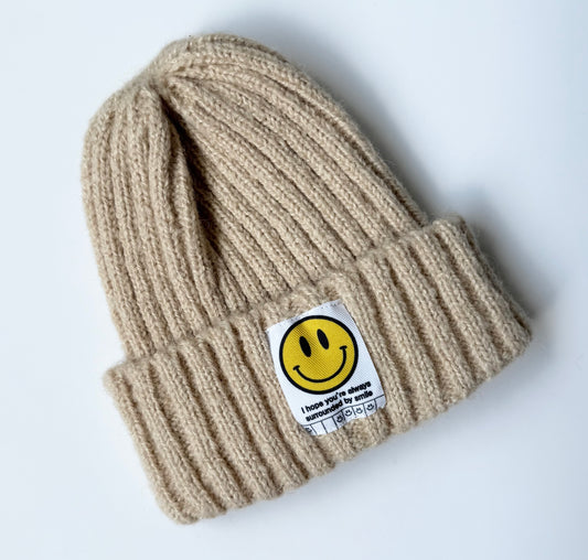 Smitn Bebe Tan Knit Smiley Beanie (One Size - 12-24 Months)