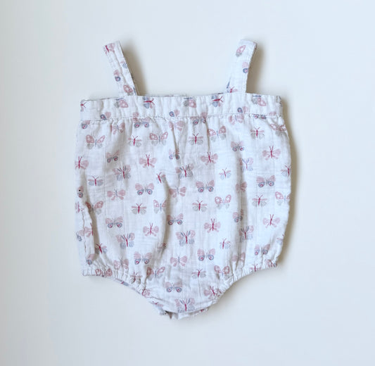 Aden & Anais White & Pink Butterflies Muslin Tank Summer Bubble Romper (0-3 Months)