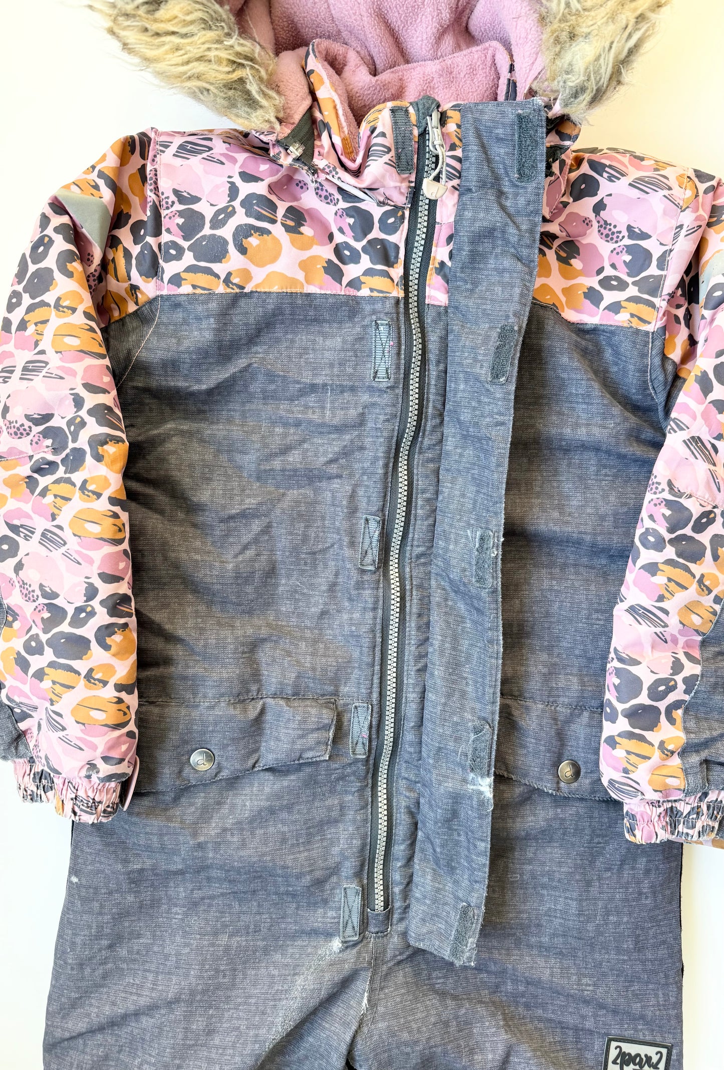 Deux Par Deux Grey & Pink Cheetah One Piece Snowsuit (7 Years)