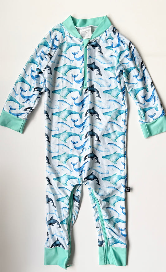 Honeysuckle Swim Light Blue Whales Full Coverage Sunsuit (3T)