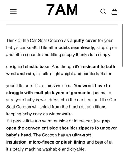 7AM Car Seat Cocoon Cover - Black - One Size (0-12 Months)